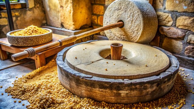 Ancient hand-operated millstones used for grinding corn and seeds into flour , Ancient, technology, millstones, grinding
