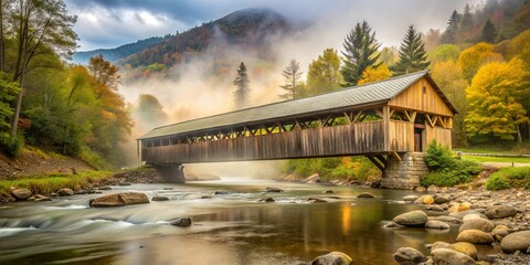 Majestic mist-covered bridge over tranquil mountain stream, mist, mountain, bridge, serene, landscape, foggy, peaceful