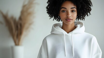 Minimalist white hoodie mockup worn by a model, with a clean white studio backdrop