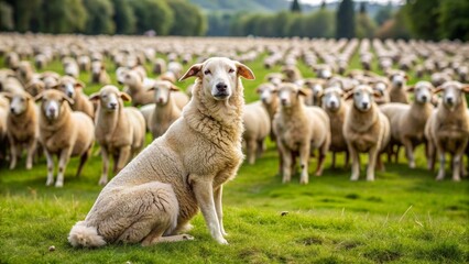 Fototapeta premium Dog sitting in front of a herd of sheep, herding dogs, working animals, farm life, rural landscape