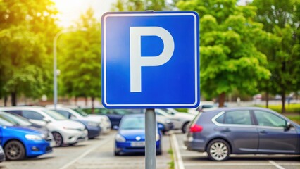 Blue parking sign on pole in front of row of parked cars, parking, sign, blue, pole, row, cars, transportation, street