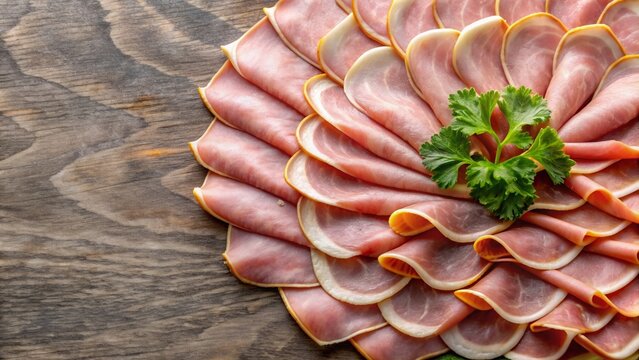 Thinly sliced ham arranged in a delicate chiffonade pattern , chiffonnade, jambon, ham, charcuterie, gourmet, food styling