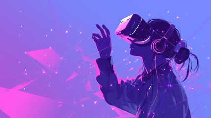 Naklejka premium Futuristic technology scene while wearing virtual reality glasses is waving his hand, surrounded by glowing blue and purple lines with dots connected to them in the air