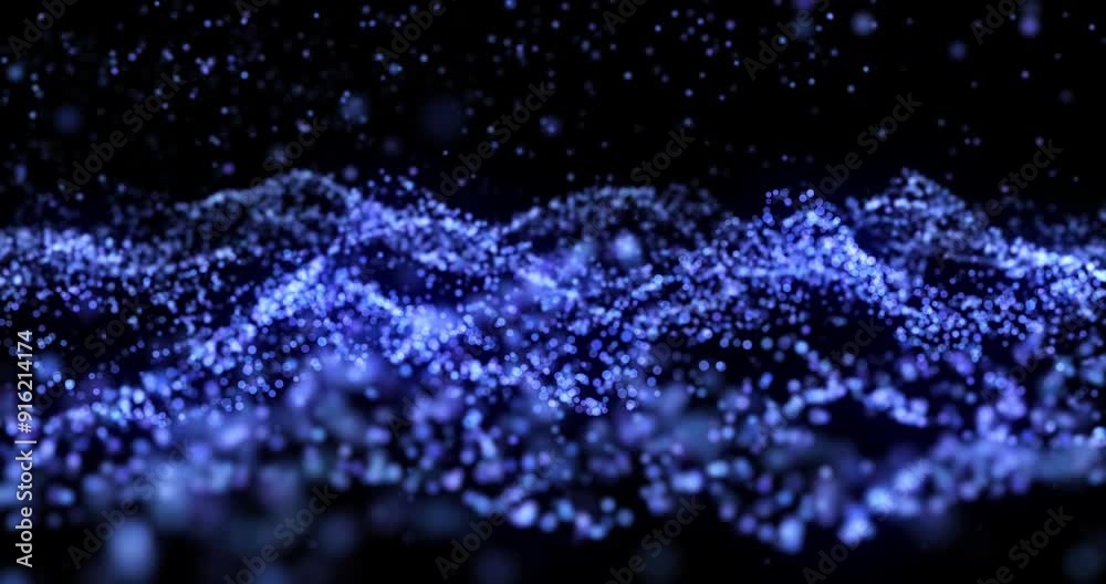 Fototapete Animation, data stream and information technology with blue particles on black background for communication. Digital, future and graphic with cloud computing or networking flow in dark cyberspace