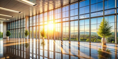 Obraz premium Sunlight streaming through large windows in a modern lobby, sunlight, windows, modern, lobby, interior