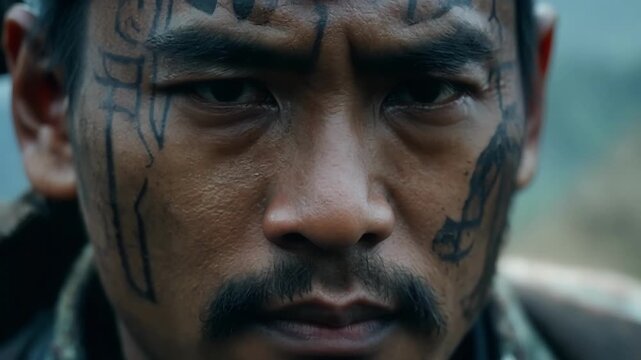 A closeup of an Ashigarus facial scars a testament to the hardships and sacrifices of war.