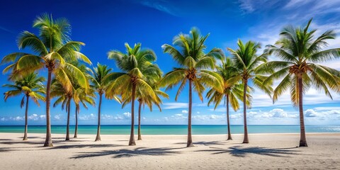 Tall palm trees lining a white sandy beach on a sunny summer day, tropical, palm trees, beach, summer, sunny, vacation
