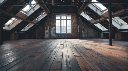 Fototapeta premium A vacant room with wooden floors, skylights, and loft windows visible in the photo.