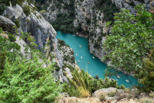 Aerial view of boats sailing on Verdon Gorge (Gorges du Verdon), Provence-Alpes-Cote d'Azur, France