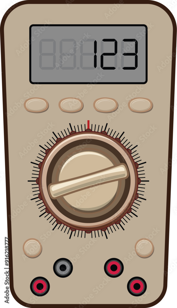 Poster digital multimeter showing measurement value, with buttons and rotary knob