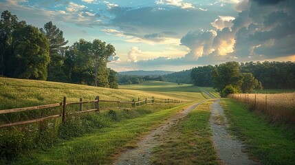 Fototapeta premium Dirt road through a green countryside under a dramatic sky