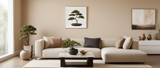A modern living room featuring minimalist decor, a comfortable sectional sofa, and serene ambiance. The room is well-lit with natural light and a potted plant adds a touch of greenery.