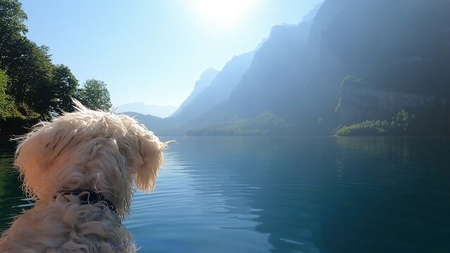 Rear view of a White bichon frise dog sitting by Klontalersee at sunrise, Glarus, Switzerland