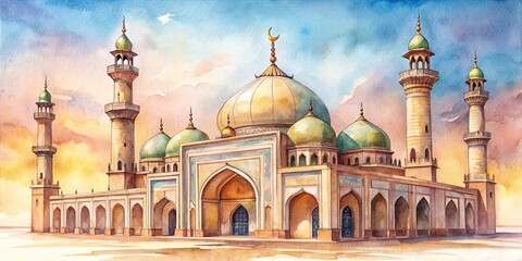 Mosque Water Color painting with beautiful intricate details, mosque, watercolor, painting, art, Islamic, architecture