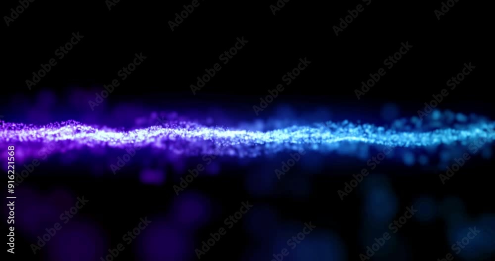 Poster Animation, data stream and internet speed with particles on black background for networking. Communication, digital and graphic with cloud computing or information technology flow in dark cyberspace