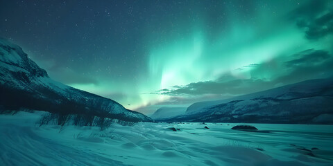 Naklejka premium Northern Lights Display Over Snowy Mountains - Night Sky Photo