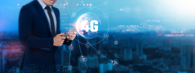 4G Technology: High-speed connectivity, businessman uses tablet and synchronizes with the structure...