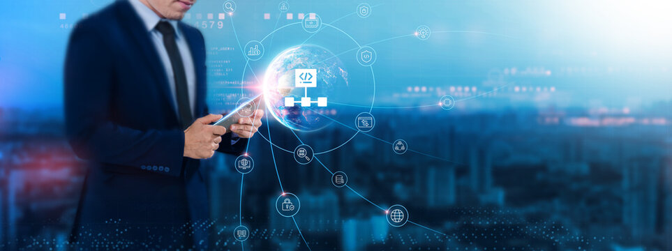 Algorithm Development: Precision, businessman uses tablet and synchronizes with structure of data analysis on network for working in the futuristic business, optimization, automation.