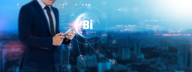 Business Intelligence (BI): Data analysis, businessman uses tablet and synchronizes with structure...