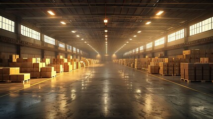 Obraz premium Large modern warehouse with stacked boxes and industrial lighting