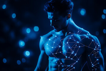 Handsome, muscular man with a bare torso depicted in a plexus style, combining physical strength with a digital, futuristic aesthetic.
