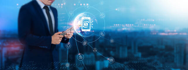 Digital Payments: Seamless transactions, businessman uses tablet and synchronizes with the structure of financial data on network for working in the futuristic business, security, convenience.