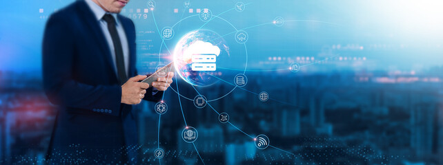 Hosting: Cloud services, businessman uses tablet and synchronizes with the structure of data...