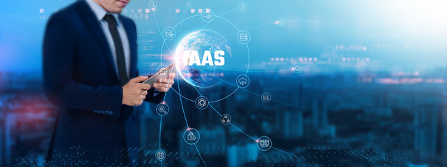 IaaS: Scalability, businessman uses tablet and synchronizes with structure of cloud infrastructure...