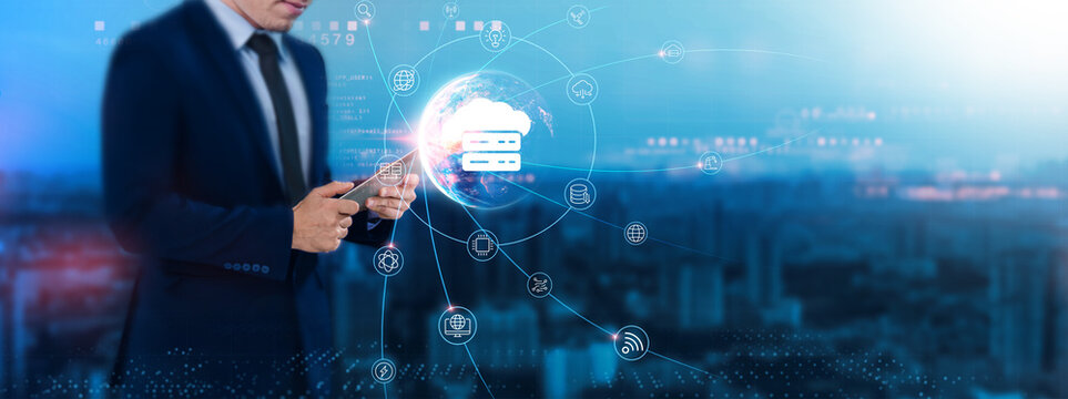 Hosting: Cloud services, businessman uses tablet and synchronizes with the structure of data servers on the network for working in the futuristic business, scalability, security.