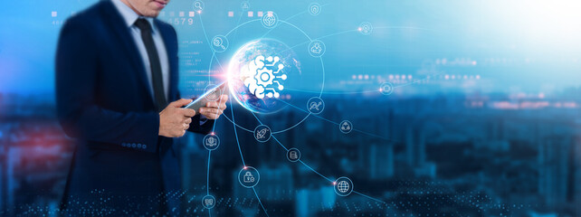Machine Learning: Data analysis, businessman uses tablet and synchronizes with structure of...