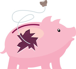 Pink piggy bank losing money symbolized by a butterfly shaped as an autumn leaf flying away