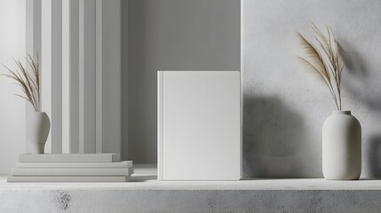 White notebook mockup on a plain grey background, with minimalistic decor around it