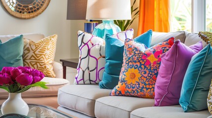 Living room decor with sofa, vibrant pillows, and table lamp