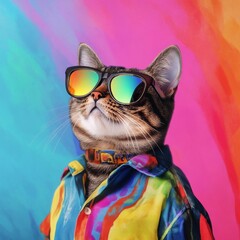 Naklejka premium Playful Tabby Cat in Sunglasses and a Bright Shirt, Set Against a Vivid Background, Capturing a Whimsical and Quirky Summer Vibe.