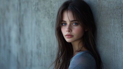 Fototapeta premium The young brown haired woman in blue jeans leaned against the gray concrete wall, her expression slightly dull, with a subtle and introspective atmosphere.