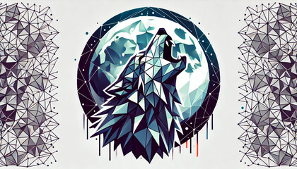 Polygon style illustration of a werewolf with sharp edges and geometric shapes howling at the full moon. The background is plain white