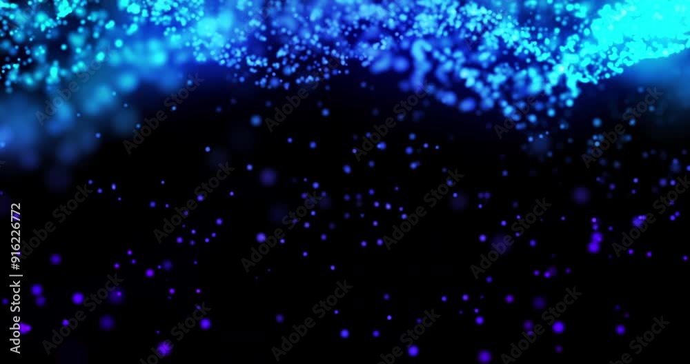 Poster Animation, connection and data stream with blue particles on black background for communication. Future, graphic and network flow with cloud computing or information technology in dark cyberspace