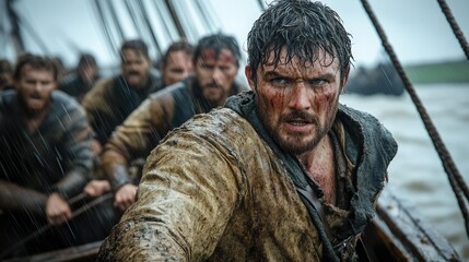 Fototapeta premium Intense Battlefield Reenactment: Determined Warriors Rowing Through the Storm