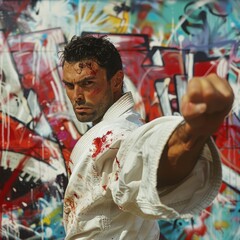 Obraz premium Intense Kumite: A Turkish Karateka's Fierce Determination