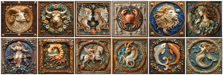 Set of magical zodiac signs , Aries, taurus, leo and gemini horoscope, virgo, scorpio, libra, aquarius zodiac, sagittarius, pisces, capricorn, cancer, Generative AI