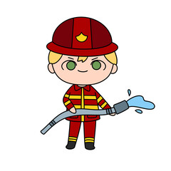 A cartoonish drawing of a young man in a red fireman's uniform holding a hose
