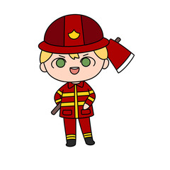 A cartoonish drawing of a young man in a red fireman's uniform holding a fire ax