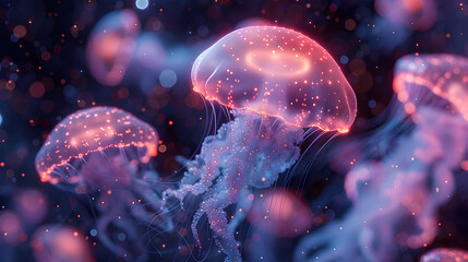Naklejka premium Glowing Jellyfish in a Dark Sea, 3D Illustration