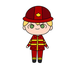 A cartoonish drawing of a young man in a red and yellow fireman's uniform
