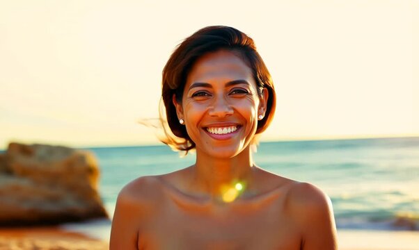 Medium shot portrait video of a satisfied Chinese woman in her 30s wearing knee-length shorts against a beach background 