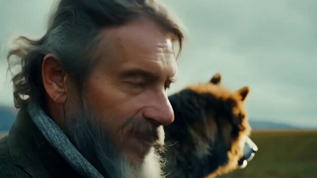 A closeup shot of an Irish Gaels rugged and weatherbeaten features accompanied by his faithful wolfhound.