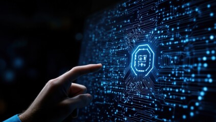 Digital Security & Data Protection: Hand Interacting with a Cybersecurity Symbol on a Circuit Board...