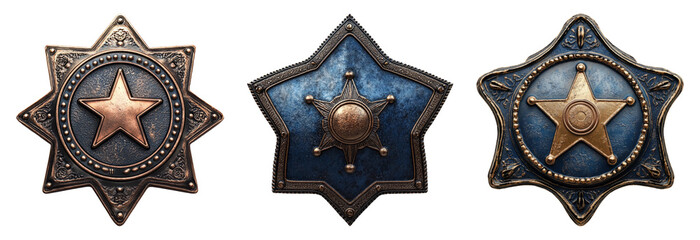Set of three vintage star-shaped sheriff badges isolated on transparent background