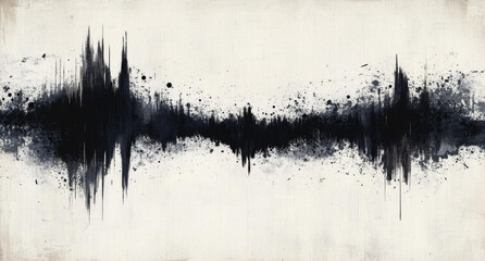 Abstract black and white painting with sound wave, textured canvas, vintage paper background
