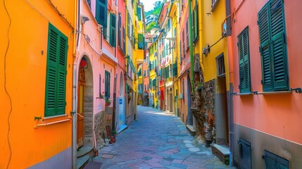 Fototapeta premium Narrow cobblestone street lined with colorful Italian buildings